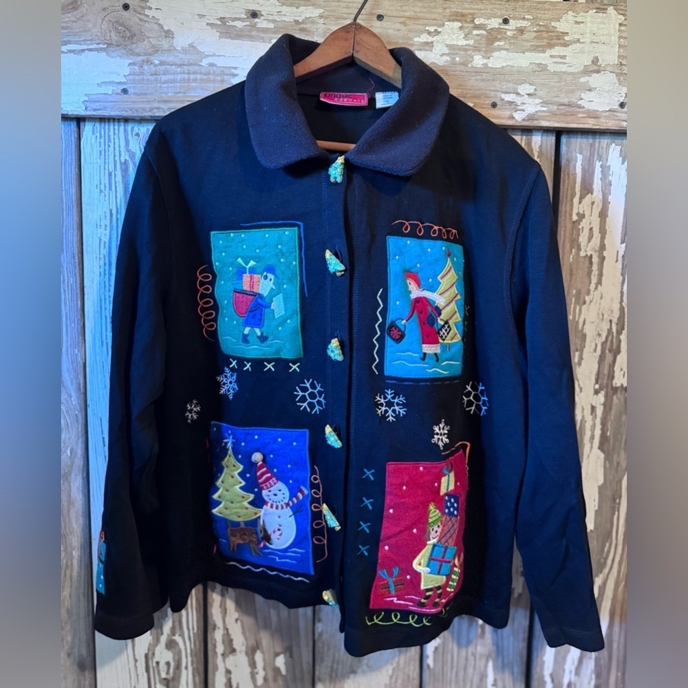 Onque Casuals Christmas Winter Button Up Cardigan Size XL Black Tree Buttons